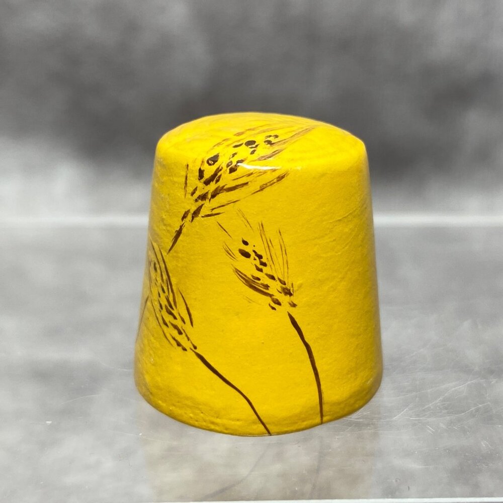 Hand-Painted Yellow Wood Thimble With Wheat Design Sewing Collectible